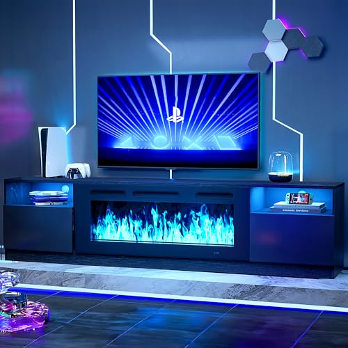 oneinmil 90” TV Stand with 50” Electric Fireplace, Large Modern Media Entertainment Center with Storage Cabinet and 12 Colors LED Lights for TVs Up to 100
