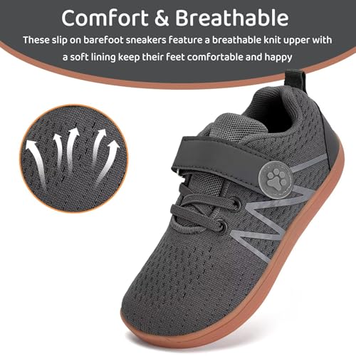 WateLves Wide Toddler Barefoot Shoes Little Kids Boys Girls Walking Tennis Sneakers with Breathable Mesh Zero Drop Sole Adjustable Strap(Dark Grey,24)2