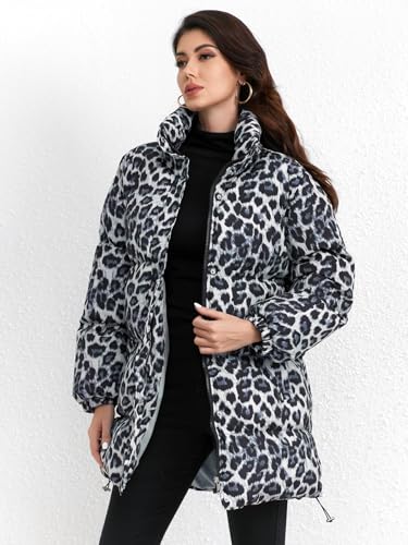 utcoco Womens 2024 Fashion Leopard Padded Puffer Coat Stand Collar Full Zip Winter Warm Down Coat Parka Overcoat3