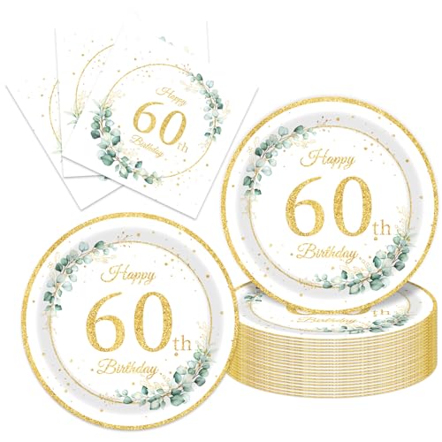 40Pcs Sege Greenery 60th Birthday Decorations for Her Him Eucalyptus-themed Plates and Napkins Set Party Supplies Disposable Sage Tableware for Men Women Happy 60th Birthday Decorations