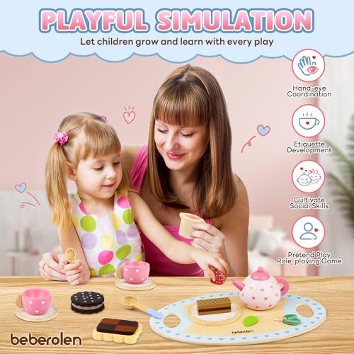 Image of Wooden Tea Set for Little Girls Birthday Gift 3 4 5 Year Old Princess Toys | Play Food Sets for Kids Kitchen Party Pretend Play Toddlers