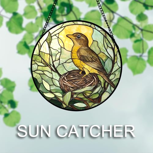 Image of DASTOLL Stained Glass Window Hanging 4 Pcs Set Bird Theme On Branch Large 11.8 inch - Cardinal Suncatcher Door Garden Sun Catcher Decor Birthday Christmas for Mom Woman Nana Men