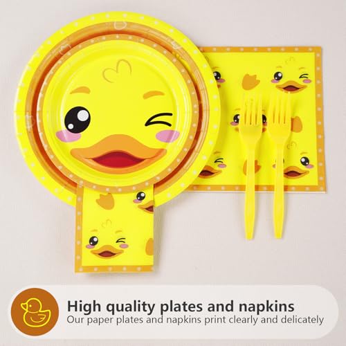 Image of Grencian 96Pcs Duck Birthday Party Decorations,Serve 24 | Cartoon Yellow Duck Plates and Napkins Tableware Set Duckie Baby Shower Decorations for One Lucky Ducks Birthday Supplies