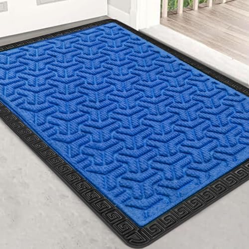 Image of Yellow Weaves 2 Pcs Door Mat for Home Entrance, Outdoor Rubber Mat - Non-Slip, Anti Skid Foot Mat, Dirt Trapper, Heavy-Duty, Weather-Resistant, Waterproof Doormat (40x60cms, Geometric, Blue Color)