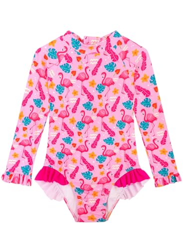 Image of Baby Toddler Girl Long Sleeve Ruffle Swimsuit One Piece Zipper Rash Guard Bathing Suit with UPF 50+ Sun Protection