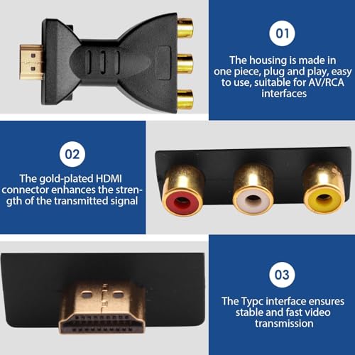 HDMI to RCA Converter 1080P High-Definition Video Adapter Gold Plated Interface Red White Yellow AV Video Audio Adapter HDMI In to AV Out Male to Female for PC, Laptop, Xbox, TV, DVD, Projector - Image 2