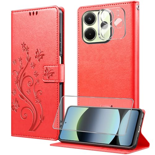 MQERYBV Funda para Xiaomi Redmi Note 14 4G,Protector Pantalla y 1 Protector Lente Cámara,Carcasa Libro con Tapa Piel Cuero PU de Calidad Soporte Plegable Ranuras para Tarjetas Magnético Case   Rojo