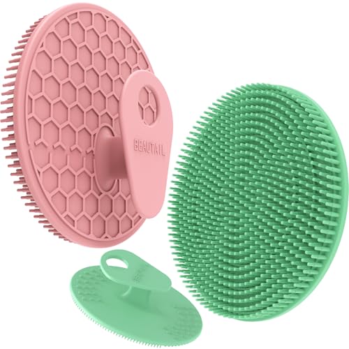 Image of BEAUTAIL Silicone Body & Face Scrubber Set 3 Pack, Gentle Shower Scrubber | Hygienic Silicone Loofah, Easy-Grip Handle, Soft Exfoliating Bath Brush for Sensitive Skin, Women, Men & Kids, Pink+Green