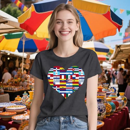 Womens Hispanic Heritage Month Shirt National Latino Countries Flags Printing T-Shirts Heart Printing Tee Tops4