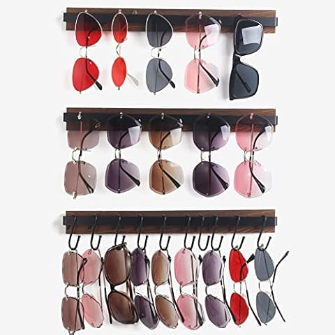 DOCMON Sunglass Organizer, 3 Pack Wood Sunglasses Organizer Storage Holder, Wall Mounted Eyeglasses Display Holder Eyewear Glasses Hanging Rack for Entryway Living Room Bedroom, with 10 Hooks Cover