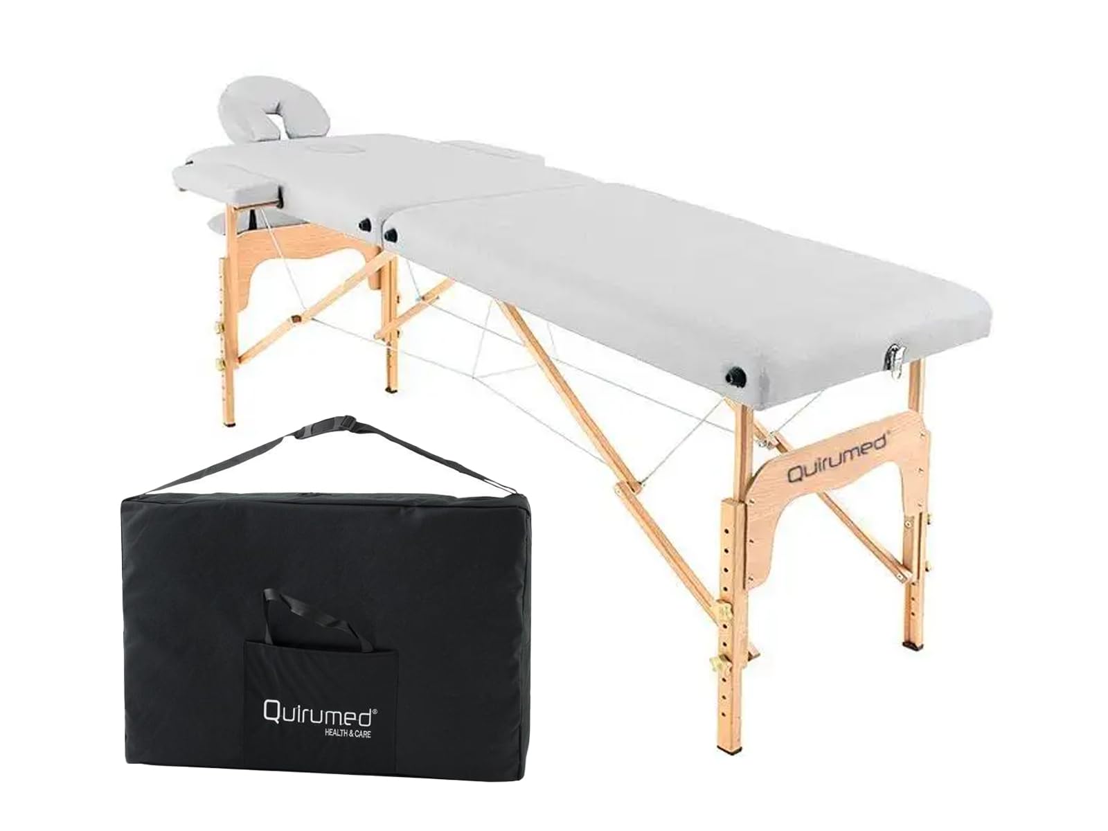 QUIRUMED Camilla de Masaje Plegable de Madera Easy, Color Blanco, 186 x 66 cm, Mesa de Masaje, Masaje Fisioterapia, Polipiel, Cabezal articulado, Altura Regulable, 2 cuerpos