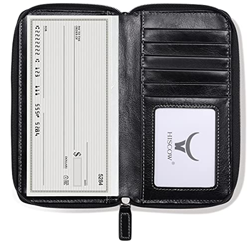 Image of HISCOW Leather Checkbook Cover, Zippered Wallet, Antiqued Black | Full grain cowhide, 5cc & ID window, personal check book & register pockets, removable duplicate divider, women secure zipper