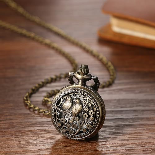 Image of JewelryWe Bronze Flower Pocket Watch: Retro Vintage Pendant Watch with Openwork Cover and 32.3 Inch Chain - for Men Women Daily Wear and Gift Giving
