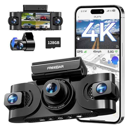 FREEXAR 4K 360° Dash Cam, 4-Channel Dash Camera for Cars, Full Coverage Front Rear Left Right Inside with GPS, 5.8GHz Wi-Fi & App, Night Vision, Voice Control, 24H Parking Mode, 128GB Card Included