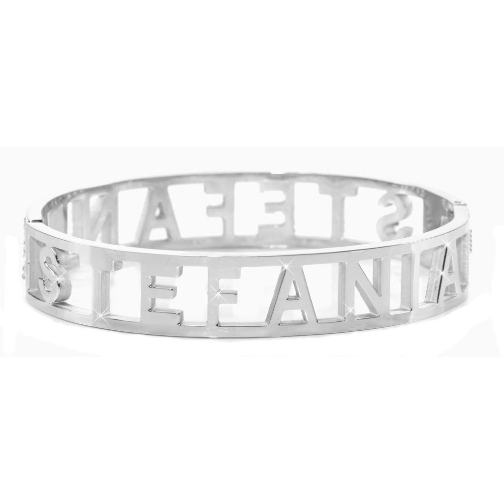 Flowers Bracciale Rigido Acciaio con Nome Vari e Zirconcini Sacchettino in Tessuto Scritta Nome ricoperta di Strass Brillantissimi Bracciale a Manetta Donna Chiusura a Molla Idea Regalo