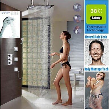 Bang Thermostatic Rainfall Shower Faucet, 24 Inch Brushed LED 3 Colors Bathroom Shower Head With Big Lamps