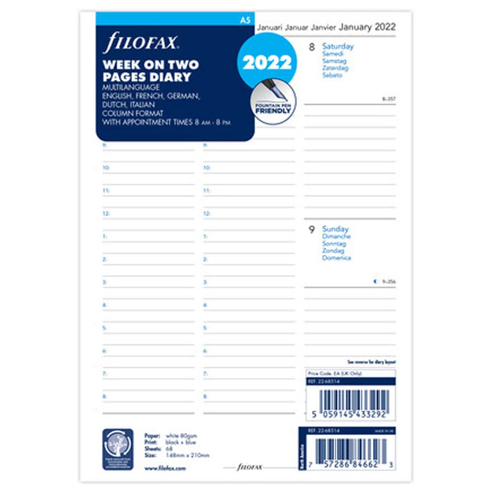 Filofax Agenda A5 1 semaine sur 2 pages (multilingues) 2020