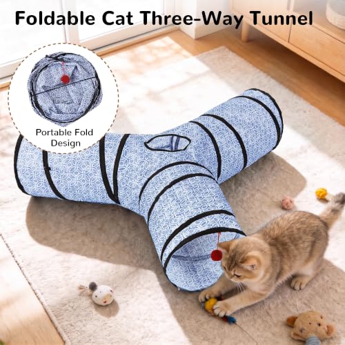 Image of Tempcore Cat Tunnel, 3-Way Collapsible Toy, Large Size Blue Coin | Large Size 3-Way Cat Tunnel Provides More Room for Cats to Run, Hide and Chase, with Peek Holes, Hanging Ball and Teaser Wand