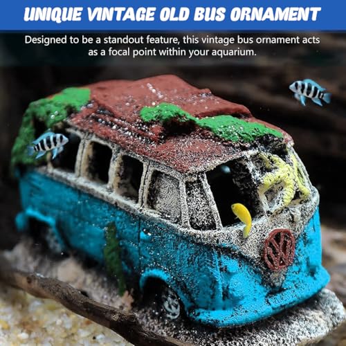 Image of Qpets Fish Tank Accessories, Aquarium Decorative Items, Vintage Resin Old Bus with Hiding Cave Engraving Seaweed and Starfish for Fish /Shrimp /Betta Fish (13x7.5x8CM)