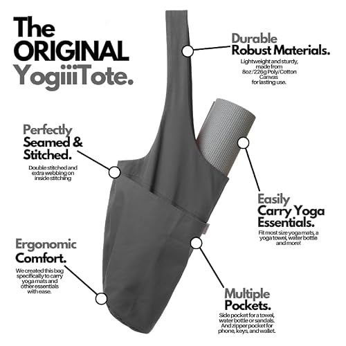 Yogiii Yoga Mat Bag | Original YogiiiTote Yoga Sling Tote w/Large Side Pocket & Zipper Pocket | Fits Most Size Mats (Ash Gray)