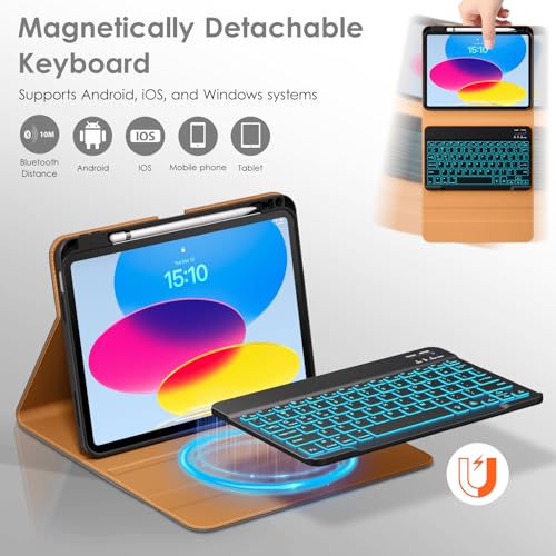 Image of DTTO for iPad 11th (A16) / 10th Generation Case with Keyboard (2025 /2022), 7 Colors Backlit Wireless Detachable Keyboard Leather Folio Cover with Pencil Holder & Pocket, Gray