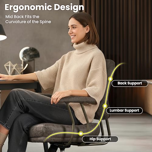 Image of ovios Ergonomic Office Chair, Mid Back Faux Leather Executive Chairs with Thick Cushion, Comfy Mid-Century Modern Swivel Rolling Computer Armchair (Dark Grey, Suede Leather)