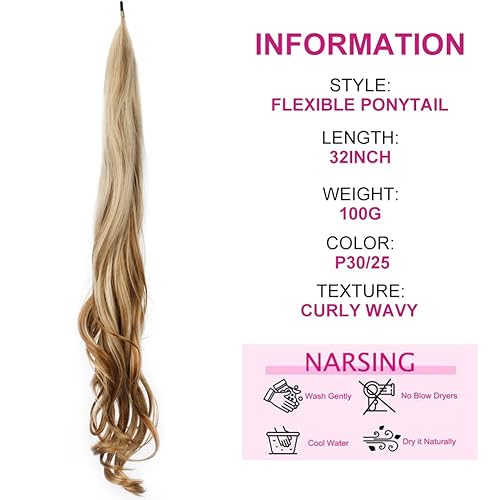 Miniatura 2 de Cola de caballo flexible envolvente de 32 pulgadas de longitud, extensiones de cola de caballo sintéticas rubias para mujer, uso diario (3025)