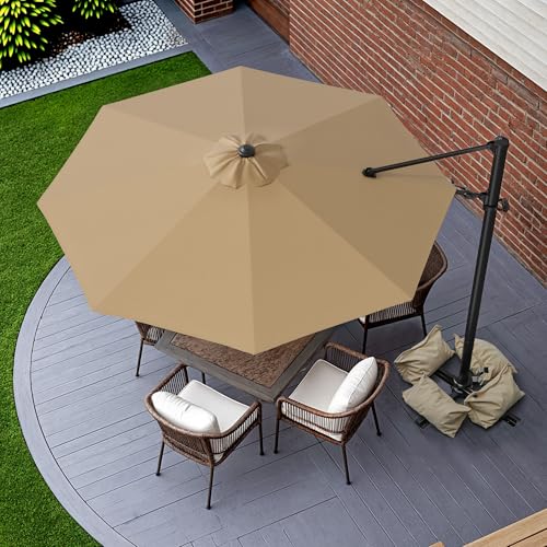 Image of Greesum 10FT Outdoor Patio Umbrella with High Pedel and 4 Gear Heights, Large Offset Market Umbrella with 360-degree Rotation, Without Base, Hanging Outdoor Shade for Garden, Lawn, Pool, Brown