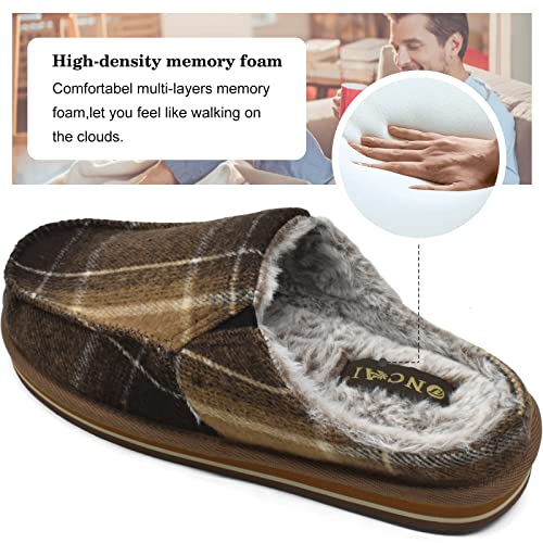 Oncai Mens Slippers, Cotton-Blend High-Density Memory Foam With Orthotic Arch Support House Slippers Warm Stripe Cozy Faux Fur Clogs Slip-On Indoor Outdoor Rubber Sole Fade Brown Size 12 #TOP3
