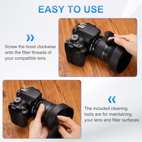PATIKIL 2 Unidades de Sombrilla para Lente de Cámara de Goma de 49 mm, Plegable en 3 Pasos, Negro, Protector Universal contra el Resplandor con Paño de Limpieza de Fibra y Bolígrafo Limpiador miniatura 6
