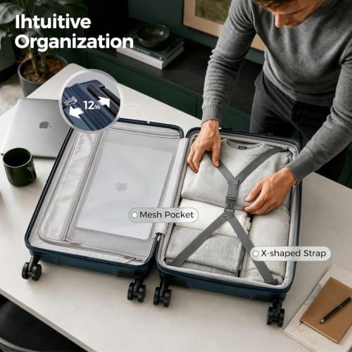 Image of Carry on Luggage Top opening Suitcases, Expandable with Cup&Phone Holder and USB Charging Port,Hardside with Front Pocket Rolling Suitcases with Spinner Wheels & YKK Zippers (Navy, 20 Inch)