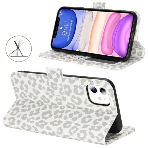 Image of for iPhone 11 Case Wallet with Card Holder,for iPhone 11 Wallet Case for Women Men,PU Leather Shockproof Magnetic Buckle Stand Flip Phone Case-White Leopard