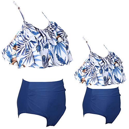 2Pcs Mommy And Me Matching Family Swimsuit Ruffle Women Swimwear Children Toddler Bikini Kid Beachwear Bathing Suit Outfit Sets (Blue, Women-S) #TOP5