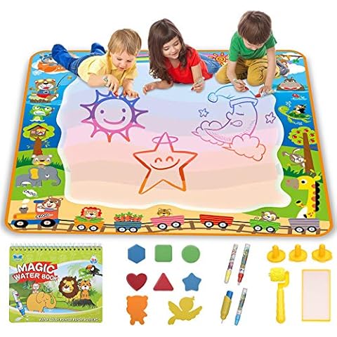 lenbest Water Drawing Mat - 39.4×39.4 inch Aqua Magic Water Doodle Mat with Drawing Booklet | Magic Pens | Magic Roller | Stamps, Educational Toys Gift for Kids Toddlers Age 3+ Cover