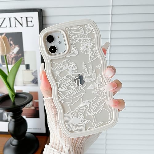 XIZYO Clear Rose Case for iPhone 11 6.1 Inch, Cute Flower Floral Pattern Curly Wave Frame Aesthetic Phone Case, Transparent Soft TPU Luxury Slim Shockproof Protective Cover, White