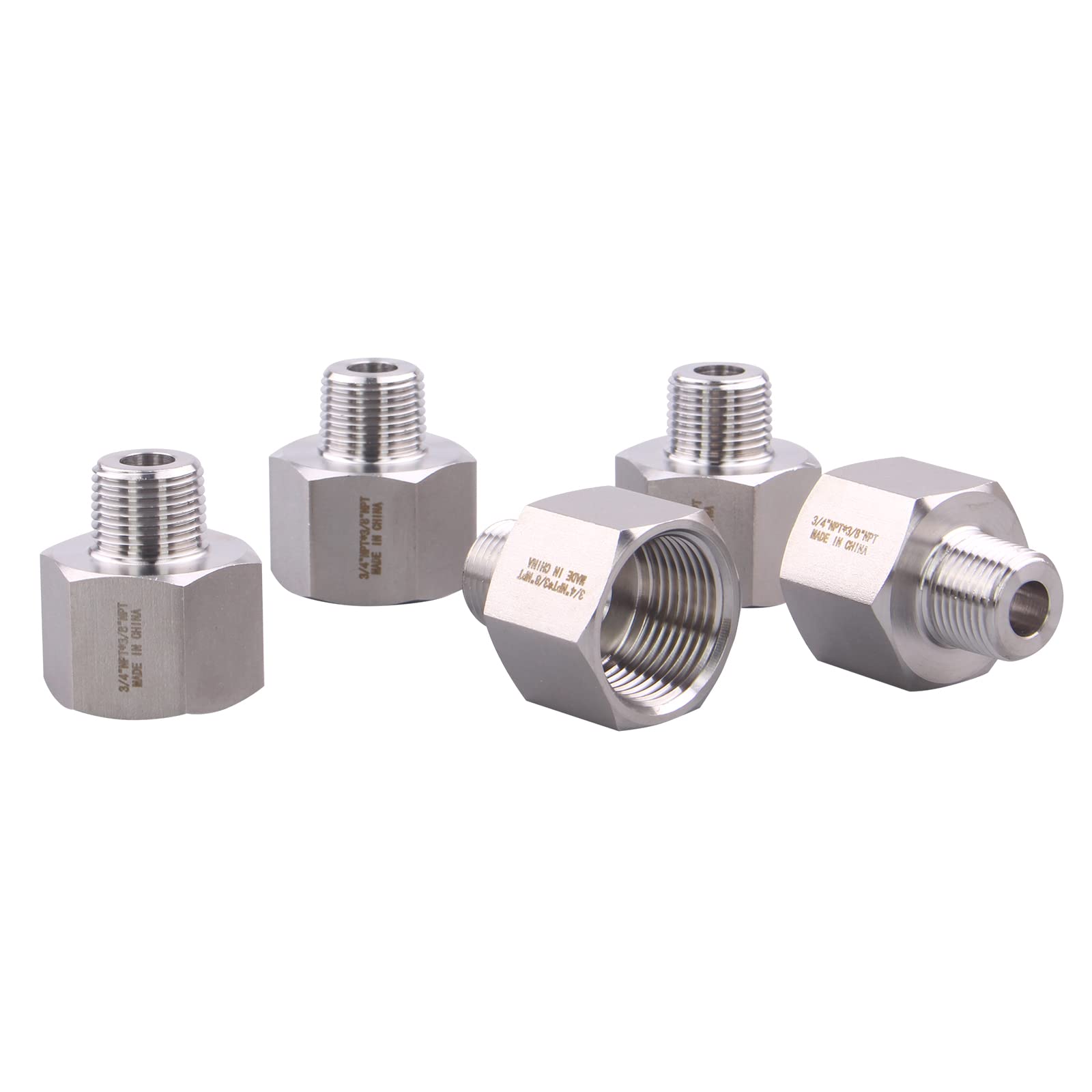 Forged Reducer Adapter Fitting - Stainless Steel 304 Reducing Pipe Connector, 3/4" NPT Female x 3/8" NPT Male (pack of 5)