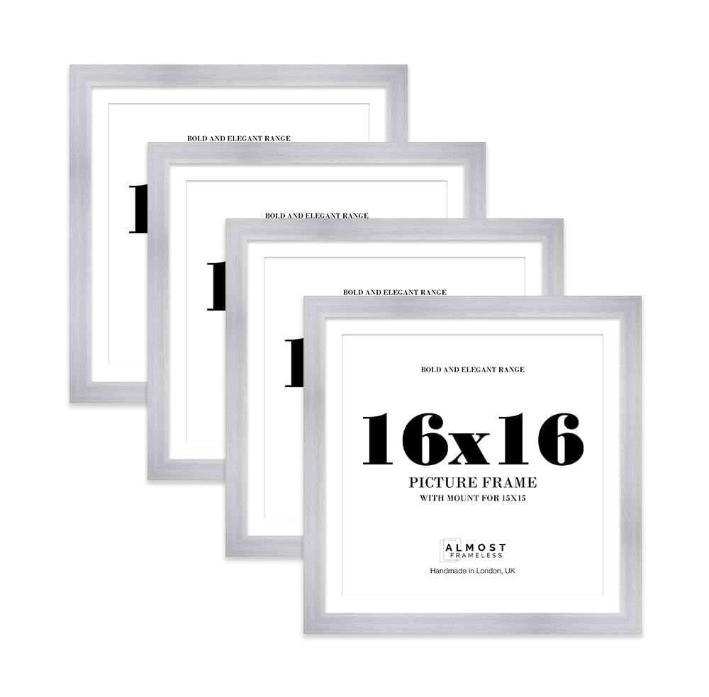 16x16" Silver Square Frame With Mount for 15x15" Pictures 28mm Edge Frame Display with Wall Hooks, 4 Pack