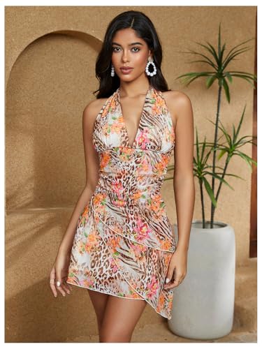 Image of Milumia Women's Floral Leopard Tie Backless Halter Short Dress Sexy V Neck Layered Mesh Mini Dress