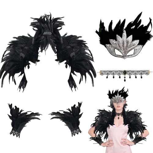 HA BIN Schwarze Federkragen mit Feder Manschetten Federumhang Spitzenhalskette Federmaske Maskerade Cosplay Kostüm für Damen Cosplay-Partys Festivals Karneval und Halloween (Schwarz)
