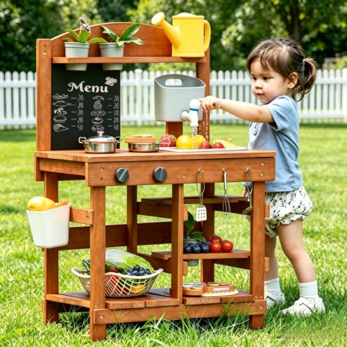 Image of Kids Mud Kitchen Outdoor 23.6in, Wooden Play Kitchen with Sink & Stove, Utensils, Mud Kitchen for Kids Outdoor