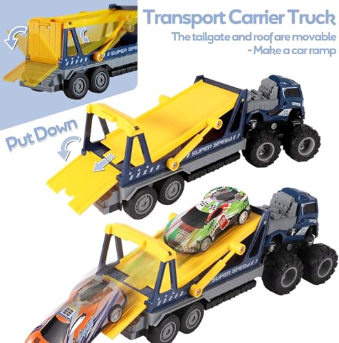 Image of Friction Powered Car Transport Truck Toys for Kids Boys Girls 1:43 Die Cast Metal Model Double Deck Tow Truck Miniature Trailer Toy Pull Back Vehicle (Multicolor, Pack of 1)