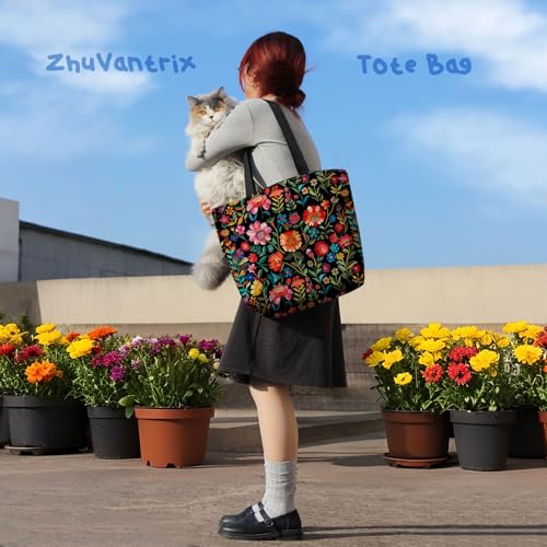 Bolso Tote Florido Colorido Estético con Bolsillo Interior con Cremallera Ligero y Lavable Estilo Bohemio para Mujeres miniatura 6