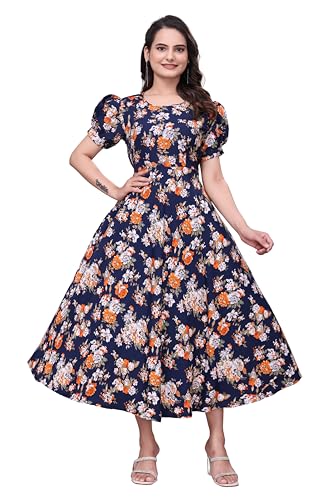 Image of Women's A-Line Crepe Maxi Dress | Stylish Fit and Flare Dress with Round Neck Short Puff Sleeves for Casual Wear