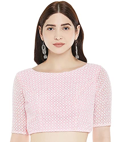 Image of Studio Shringaar Women's Chikankari Saree Blouse with Elbow Sleeves