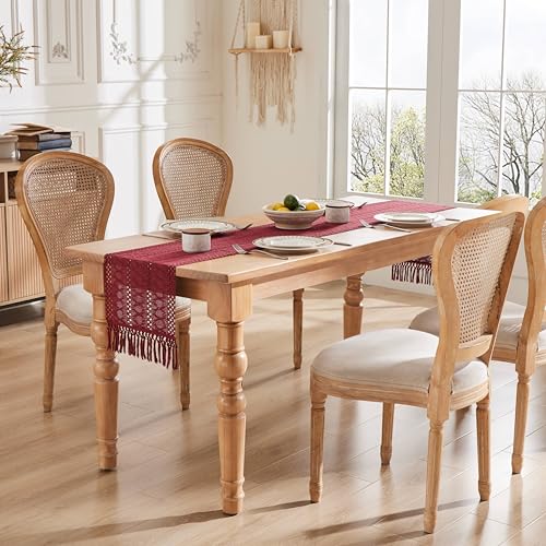 Image of ZeeMart Macrame Style Boho Table Runner, 12x90 Inch Burgundy | Woven Boho Table Runner with Handmade Tassels, Crochet Hollow Table Scarf, Farmhouse Kitchen Home Decor Dresser Runner