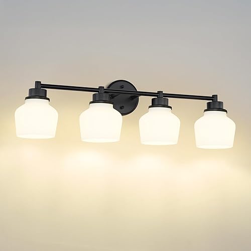 Miniatura 13 de Emak Lámpara de baño negra y dorada sobre espejo, lámpara de tocador de baño de 2 luces con pantalla de vidrio de leche, luces modernas de tocador