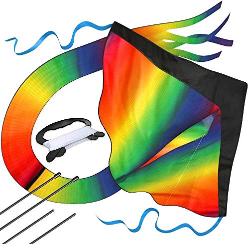 Large Rainbow Kite for Kids, Same Quality, Easy to Fly, Beginners Kite for Family Outdoor Games and Activities, Easy to Assemble and Soar High in Low Wind Speed - Beach Kite for Adults Boys and Girls