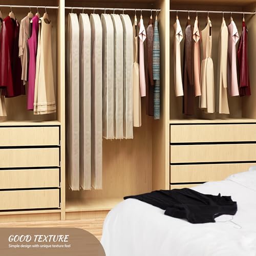 Image of Univivi Premium Breathable Oxford Dress Cover Garment Bag, 43 inch Garment Bag for Hanging Clothes, Garment Covers for Closet Clothes Storage, Dress Bag for Dress, Jacket,Suits, Coats - Beige,2 Pack