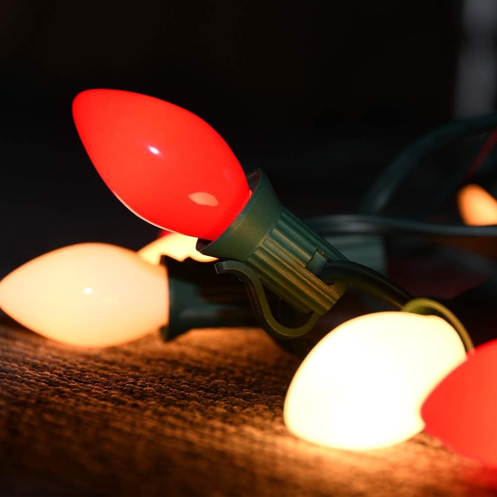 C7 Christmas Lights Outdoor, 25Ft Red White Christmas Decorative String Lights with 27 Red White Ceramic Bulbs(2 Spare), Commercial Vintage Christmas Lights for Holiday Xmas Roofline Wedding Home