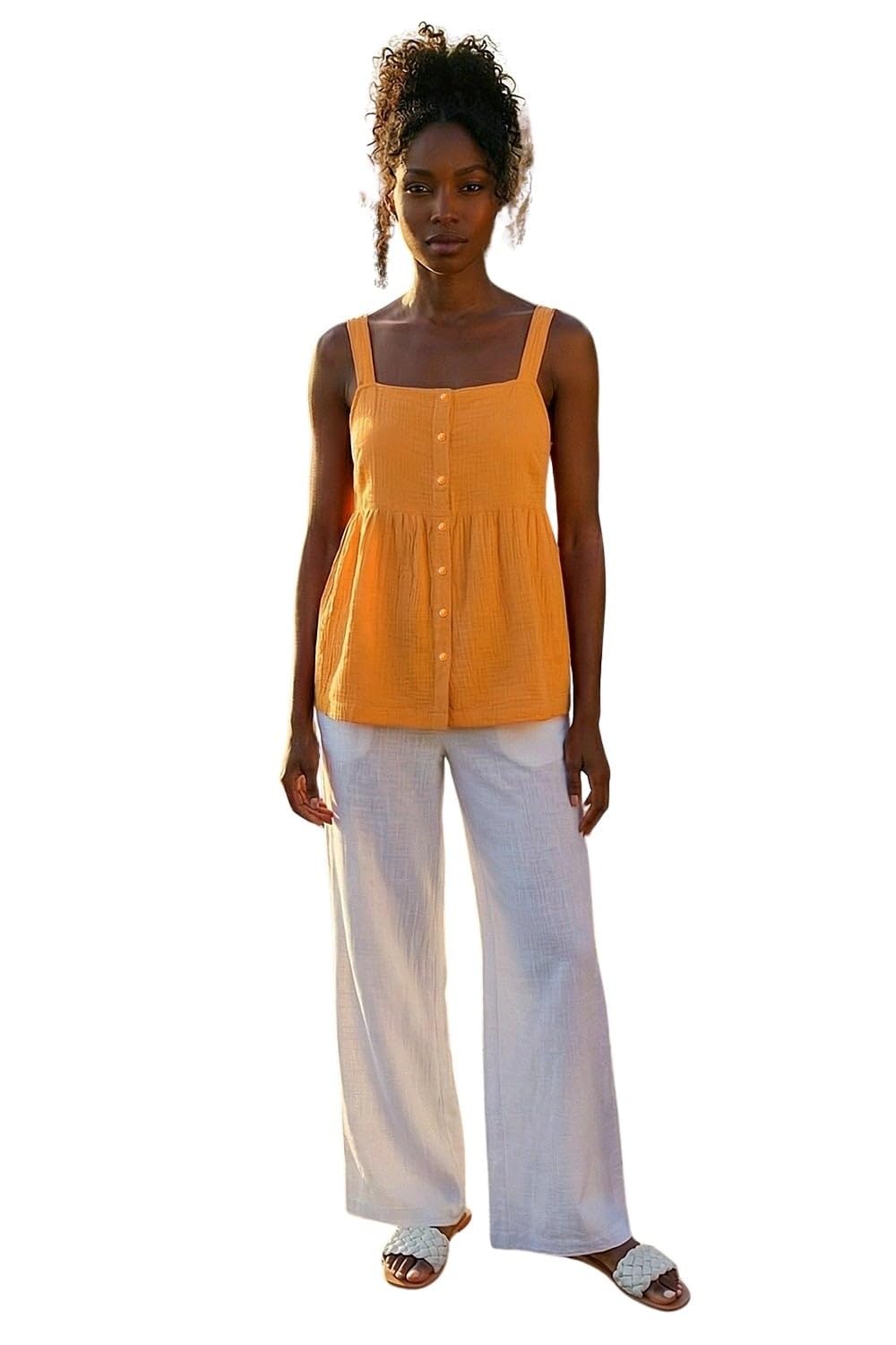 Roman Women's Orange Cotton Button Through Shirred Vest Top Size 12